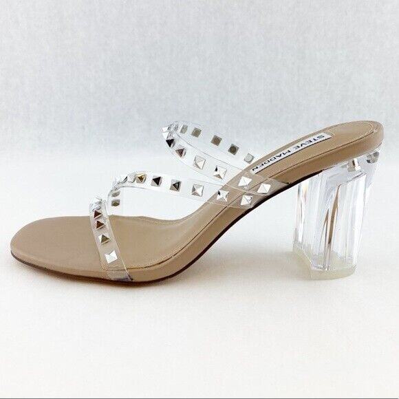 Steve Madden Nude Lucite Tangent Cone Heel Clear Silver Studded Strappy Sandal 9 - Picture 6 of 16